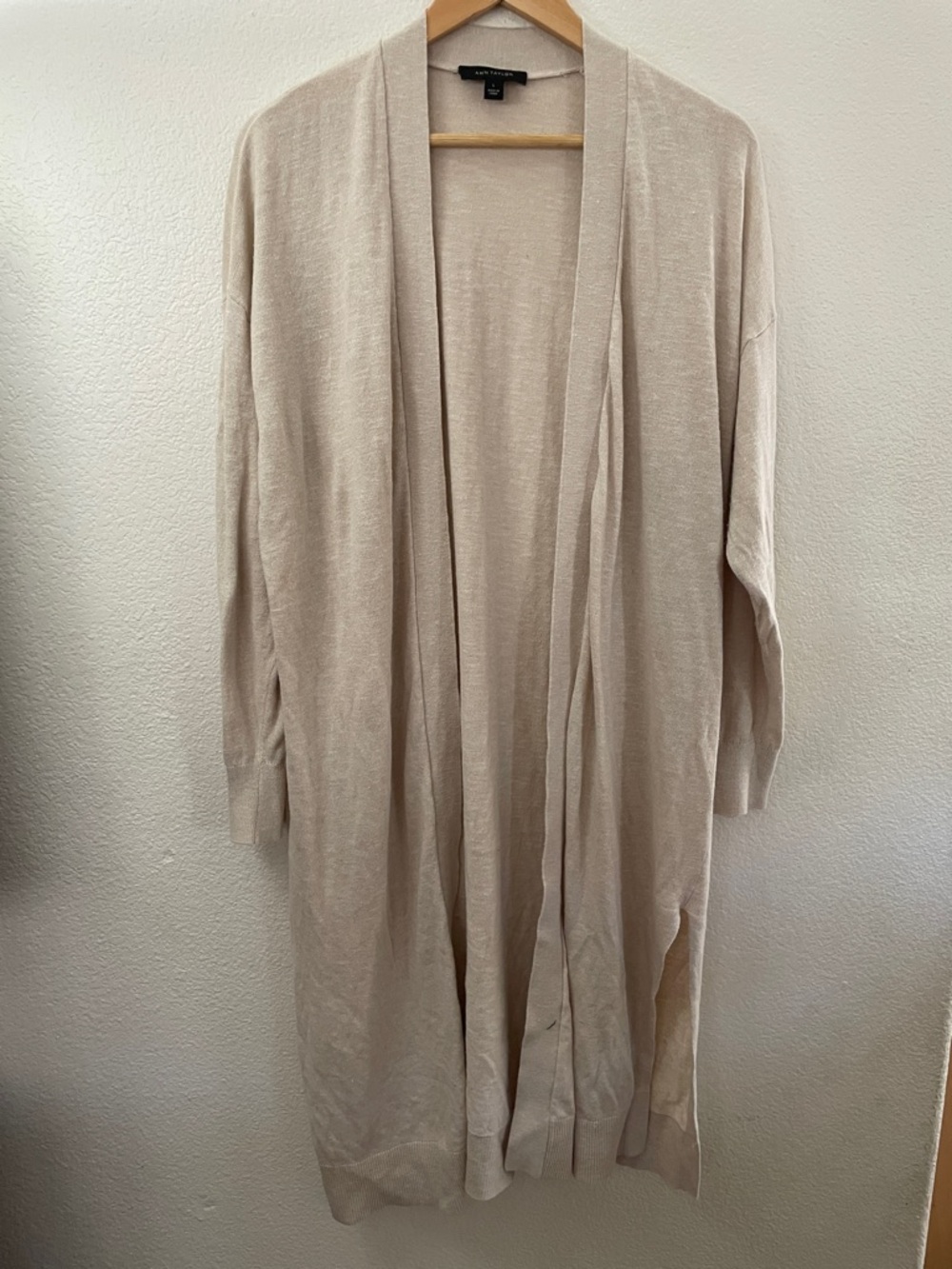 Ann Taylor Neutral Beige Open-Front Long Cardigan duster silk cotton blend L